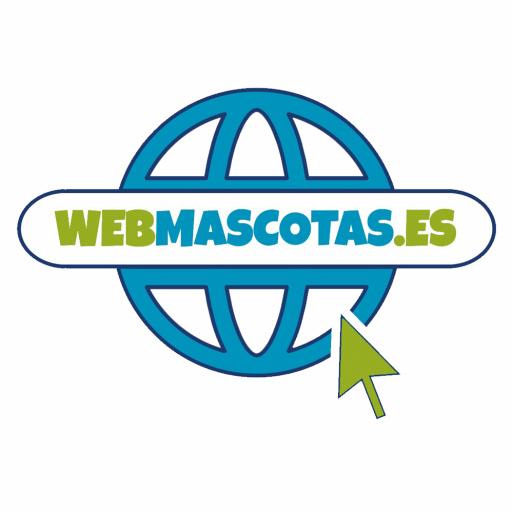 Logo de WebMascotas.es: Una representación simplificada del mundo con el nombre 'WebMascotas.es' en una esfera, acompañado por una flecha de ratón de ordenador. Este diseño simboliza la conexión global y accesibilidad en línea para todos los amantes de las mascotas